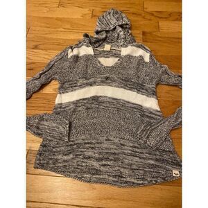 Roxy womens grey white striped v-neck hooded lightweight knit pullover sweater M